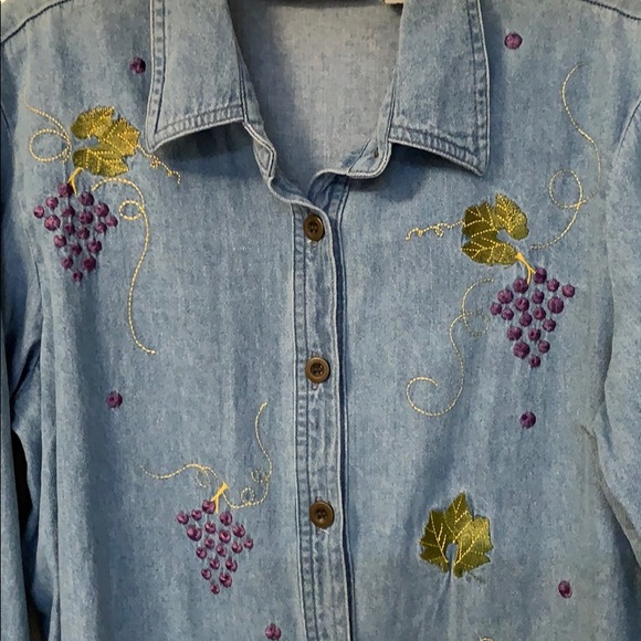 Embroidered Grapes and Leaves Cotton Shirt - Picture 3 of 12
